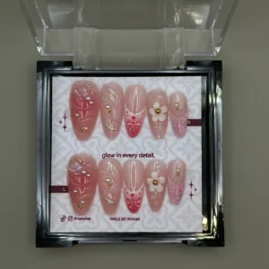 Pearl Butterfly Press-On Nails — Long Almond, 3D Flower and Pearls — twenty-four nails in the ANARA box