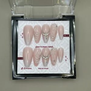 Pearl Petal Press-On Nails — Long Almond, Silver Relief — twenty-four nails in the ANARA box