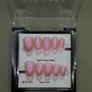 Rose Pearl French Press-On Nails — Long Almond, Chrome — twenty-four nails in the ANARA box