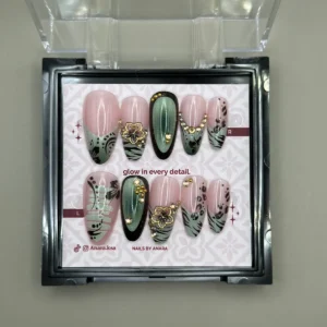Sage Leopard Press-On Nails — Long Almond, Animal Print and Gold — twenty-four nails in the ANARA box