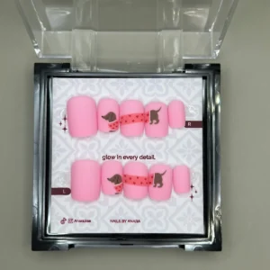 Sausage Dog Press-On Nails — Short Square, Hand-Drawn — twenty-four nails in the ANARA box