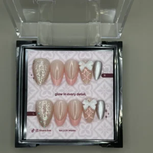 Silver Bow Press-On Nails — Long Almond, Glitter and Chrome — twenty-four nails in the ANARA box