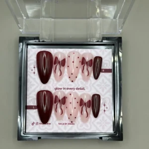 Wine Ribbon Press-On Nails — Long Almond, Painted Bows — twenty-four nails in the ANARA box
